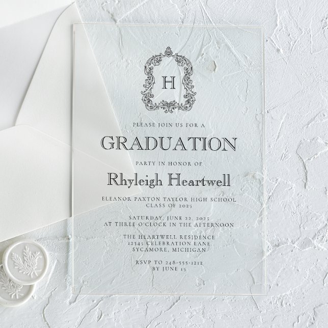 Invitations En Acrylique Classic Black Monogram Crest Graduation Party (Créateur téléchargé)