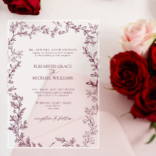Invitations En Acrylique Classic Elegant Formal Bourgogne Mariage Leafy