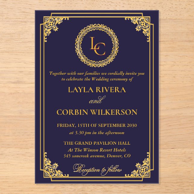 Invitations En Acrylique Classic Gold Frame Royal Monogram Wedding (Recto)
