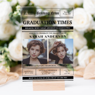 Invitations En Acrylique Classic Newspaper Style 2 Photo Graduation Party
