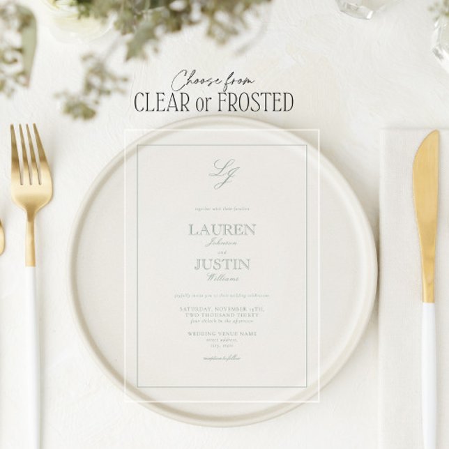Invitations En Acrylique Classic Sage Green Calligraphie Monogramme Mariage (Créateur téléchargé)