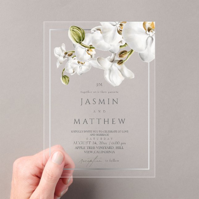 Invitations En Acrylique Classic White Orchids Frame Elegant Wedding (In situ (ordinateur de poche))