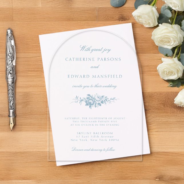Invitations En Acrylique Classique Élégant Bleu Floral (Créateur téléchargé)