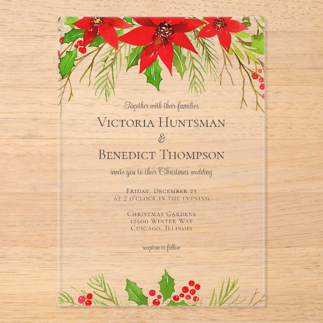Invitations En Acrylique Classique Rouge Noël Poinsettia Floral Mariage (Recto)