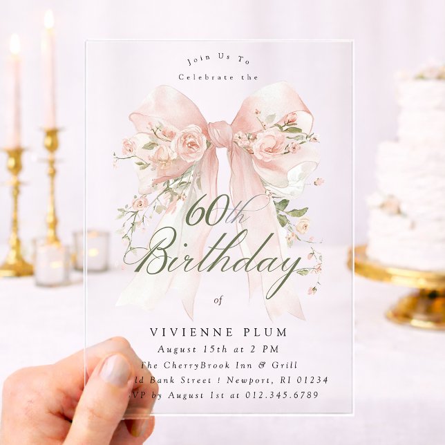 Invitations En Acrylique CLEAR ACRYLIC 60th Birthday Pink Bow Rose Floral I (Créateur téléchargé)