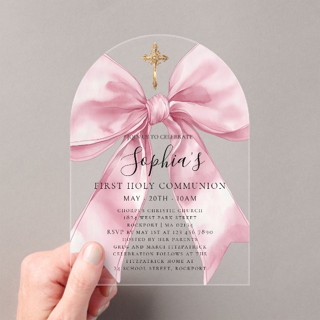Invitations En Acrylique Clear Acrylic Girl's First Communion Pink Bow Arch (In situ (ordinateur de poche))