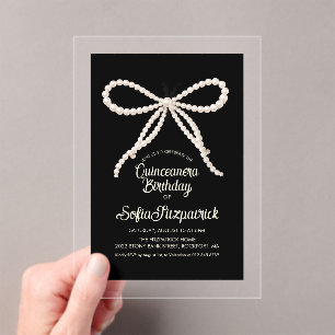 Invitations En Acrylique CLEAR ACRYLIC Quinceanera Nœud en perle noire et b