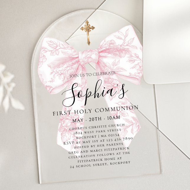 Invitations En Acrylique CLEAR Rose Arc de Première Communion Fille Ruban T (Créateur téléchargé)