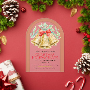 Invitations En Acrylique cloches dorées de Noël et nœud rouge