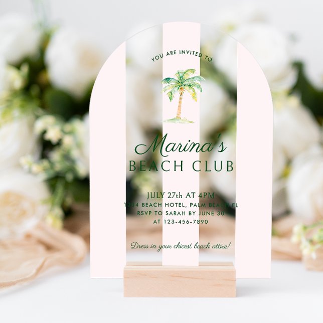 Invitations En Acrylique Club de plage Blush Pink Cabana Stripes Anniversai (Créateur téléchargé)