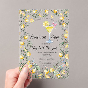Invitations En Acrylique Cocktail de retraite au paon et citrons