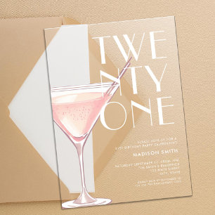Invitations En Acrylique Cocktail rose moderne 21e anniversaire