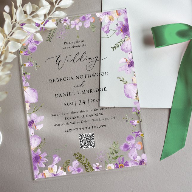 Invitations En Acrylique Code QR Chic Élégant Mariage Violet (Créateur téléchargé)