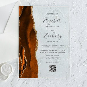 Invitations En Acrylique Code QR de mariage en Agate Or Doré Brûlé