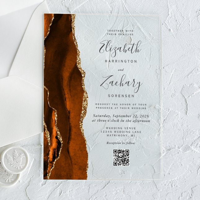 Invitations En Acrylique Code QR de mariage en Agate Or Doré Brûlé (Créateur téléchargé)