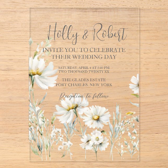 Invitations En Acrylique Code QR de photo de mariage aux marguerites  (Recto)