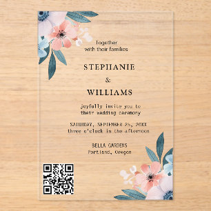 Invitations En Acrylique Code Qr élégant   Dusty Blue Floral Mariage