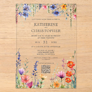 Invitations En Acrylique Code QR Mariage Élégant Fleurs Sauvages Vibrantes