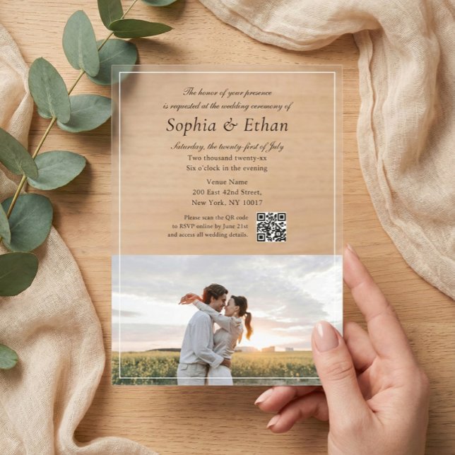 Invitations En Acrylique Code QR photo écriture italique élégante (Créateur téléchargé)