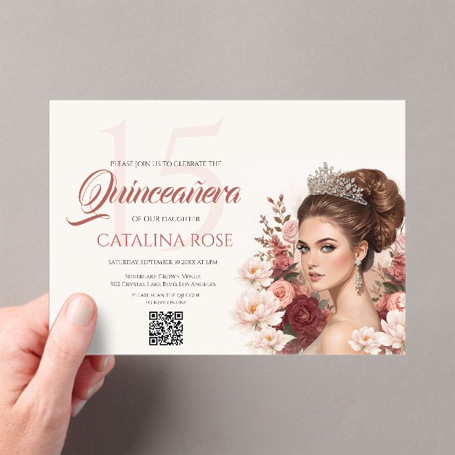 Invitations En Acrylique Code QR Rose Fardée Élégant pour Quinceañera (In situ (ordinateur de poche))
