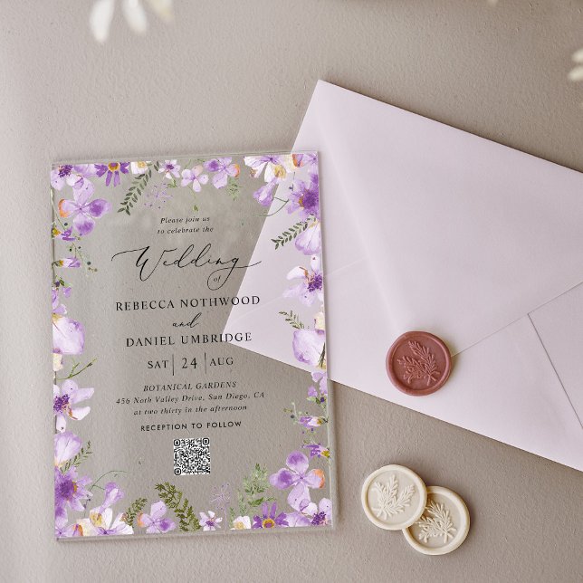Invitations En Acrylique Code QR Rustique Fleurs Violettes Mariage (Créateur téléchargé)