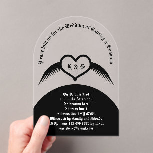 Invitations En Acrylique Coeur ailé gothique Mariage Personnalisé Monogramm