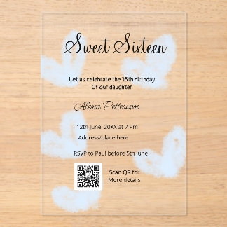 Invitations En Acrylique Coeurs d'aquarelle bleu QR Sweet sixteen anniversa