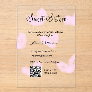 Invitations En Acrylique Coeurs d'aquarelle rose QR Sweet sixteen anniversa