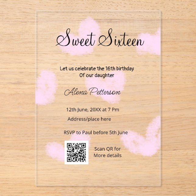 Invitations En Acrylique Coeurs d'aquarelle rose QR Sweet sixteen anniversa (Recto)
