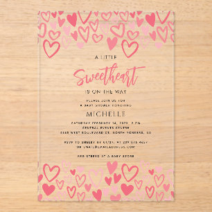 Invitations En Acrylique Coeurs roses Baby shower amoureux fille