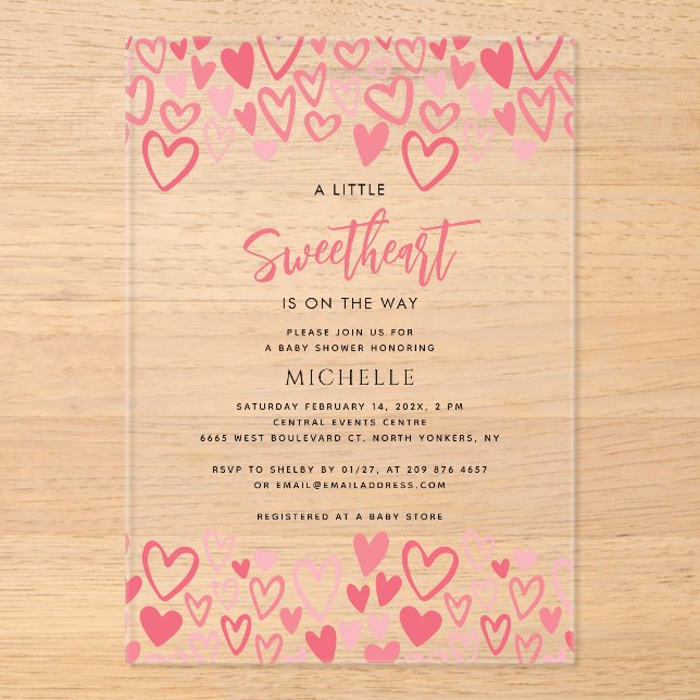 Invitations En Acrylique Coeurs roses Baby shower amoureux fille (Recto)