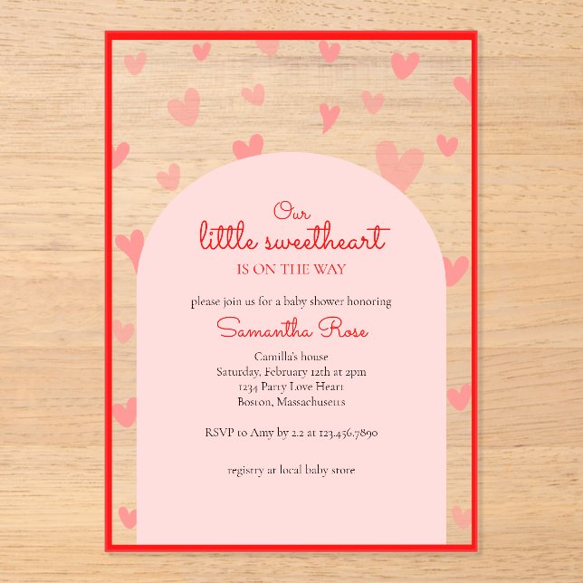 Invitations En Acrylique Coeurs roses rouges Petit Baby shower de fille amo (Recto)