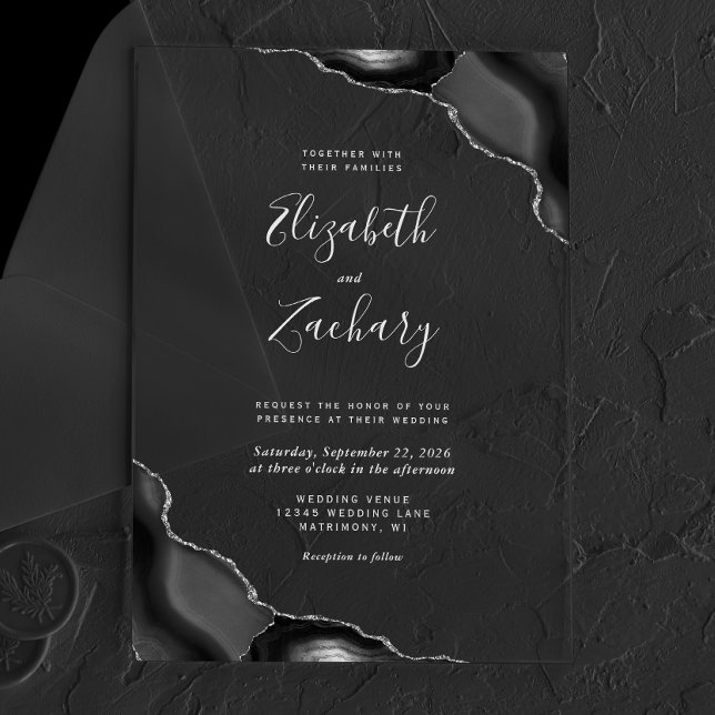 Invitations En Acrylique Coins de l'Agate Noire Text Argent Mariage (Créateur téléchargé)