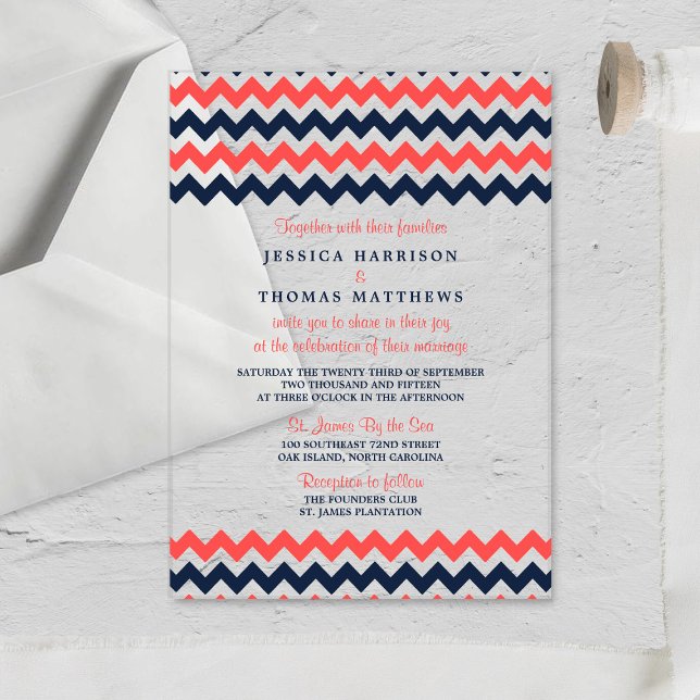 Invitations En Acrylique Collection Mariage moderne Chevron Marine & Coral (Créateur téléchargé)