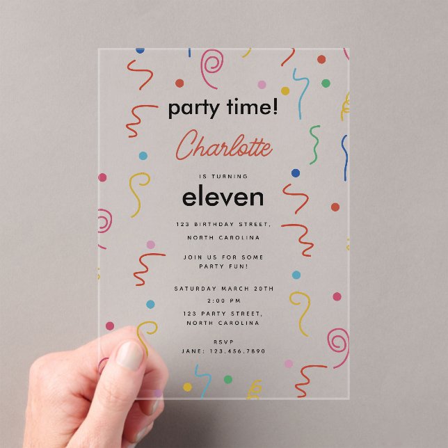 Invitations En Acrylique Colored Party Confetti Birthday Party Time (In situ (ordinateur de poche))