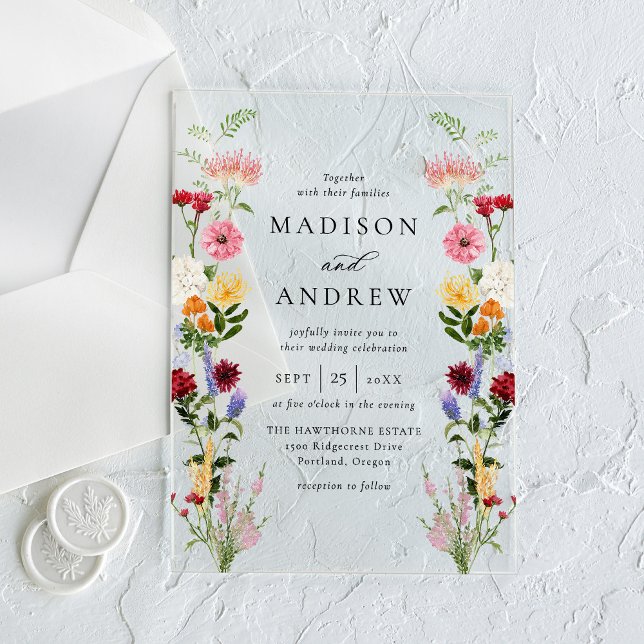 Invitations En Acrylique Colorful Watercolor Wildflower Wedding (Créateur téléchargé)