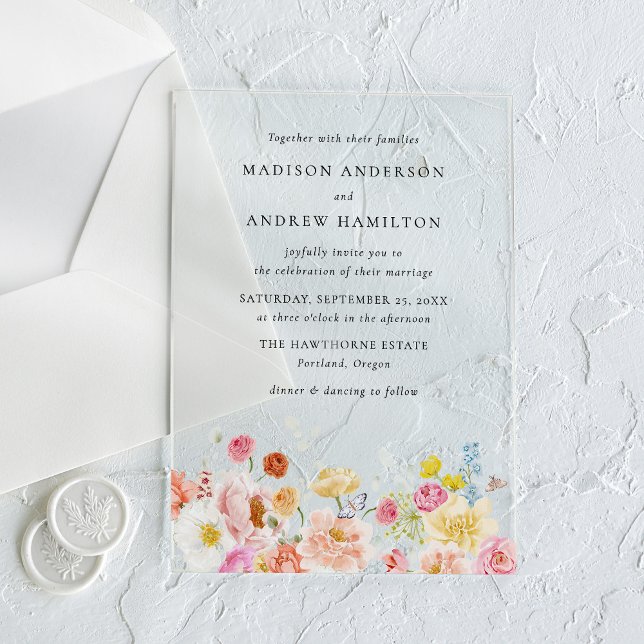 Invitations En Acrylique Colorful Watercolor Wildflower Wedding (Créateur téléchargé)