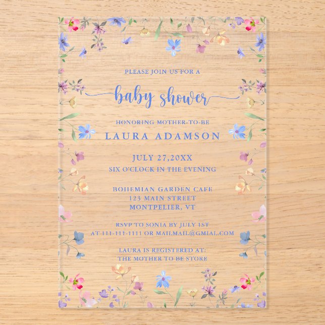Invitations En Acrylique Colorful Watercolor Wildflowers Baby Shower (Recto)
