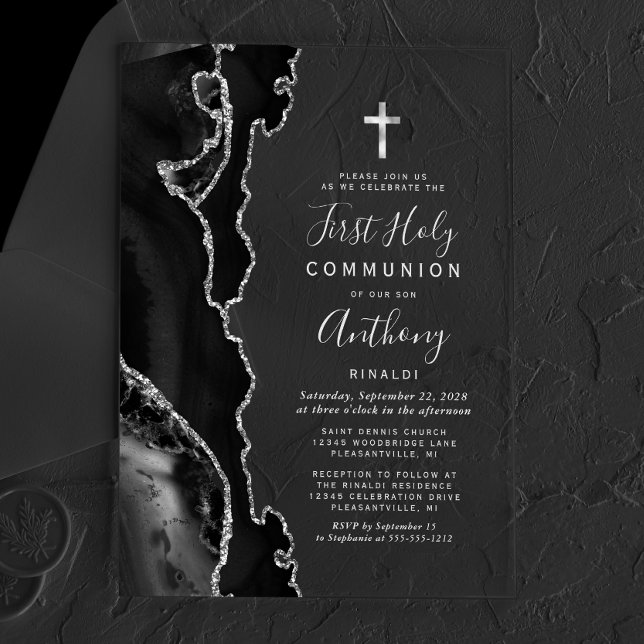 Invitations En Acrylique Commion solennelle de première Agate noire Gris ar (Créateur téléchargé)