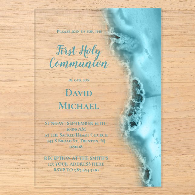 Invitations En Acrylique communion solennelle agate sarcelle (Recto)