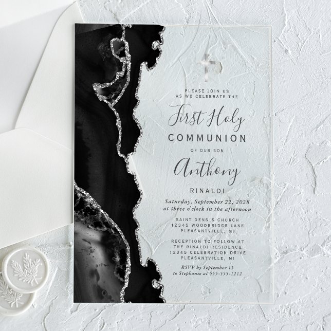 Invitations En Acrylique Communion solennelle Argent Agate noire (Créateur téléchargé)