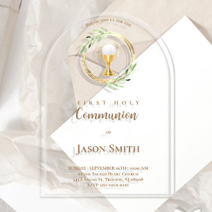 Invitations En Acrylique communion solennelle catholique cercle or feuilles