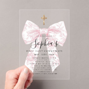 Invitations En Acrylique Communion solennelle fille croix noeud toile rose