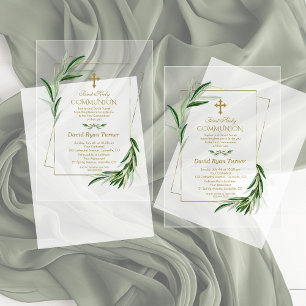 Invitations En Acrylique Communion solennelle garçon feuilles d'olive aquar