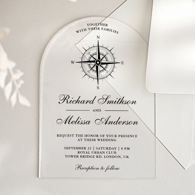 Invitations En Acrylique Compas Nautique Noir Moderne Mariage (Créateur téléchargé)