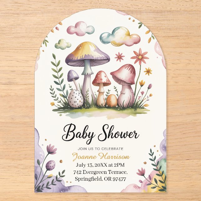 Invitations En Acrylique Conception de Baby Shower avec Champignons Aquarel (Recto)