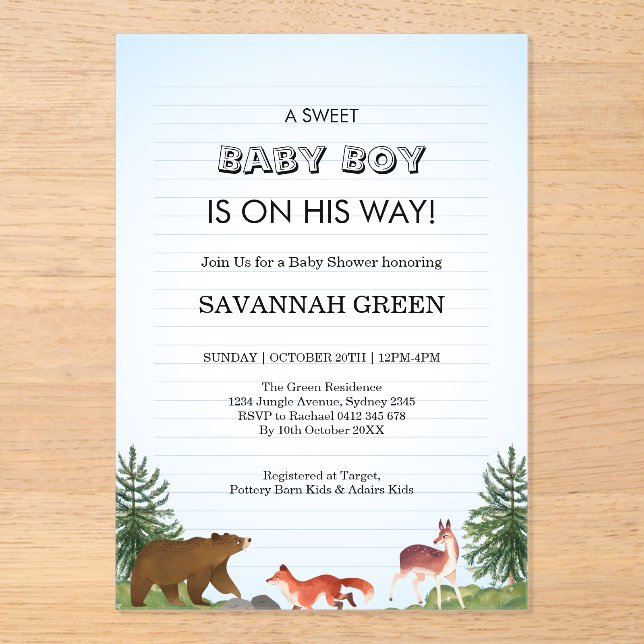 Invitations En Acrylique Conception de douche pour bébé garçon Animaux mign (Recto)