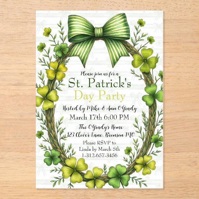 Invitations En Acrylique Conception de fête de la Saint-Patrick Clover & Bo (Recto)