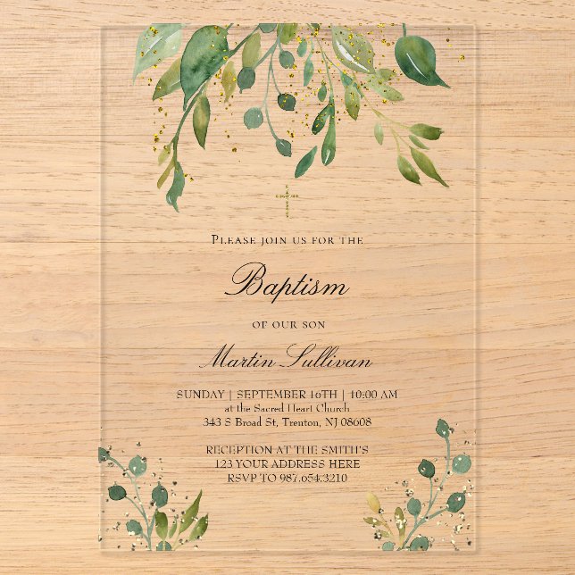 Invitations En Acrylique conception de verdure | Baptême (Recto)