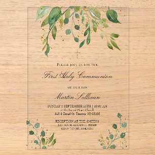 Invitations En Acrylique conception de verdure   Première Communion